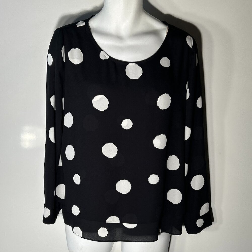 Chico's SZ 2 (12/14) Black White Polka Dot Long Sleeve Top Modern Office Classic